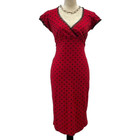 Switchblade Stiletto Dresses & Skirts - SWITCHBLADE STILETTO Red w/ Black Polkadots Midi Pinup Dress Size L Fitted